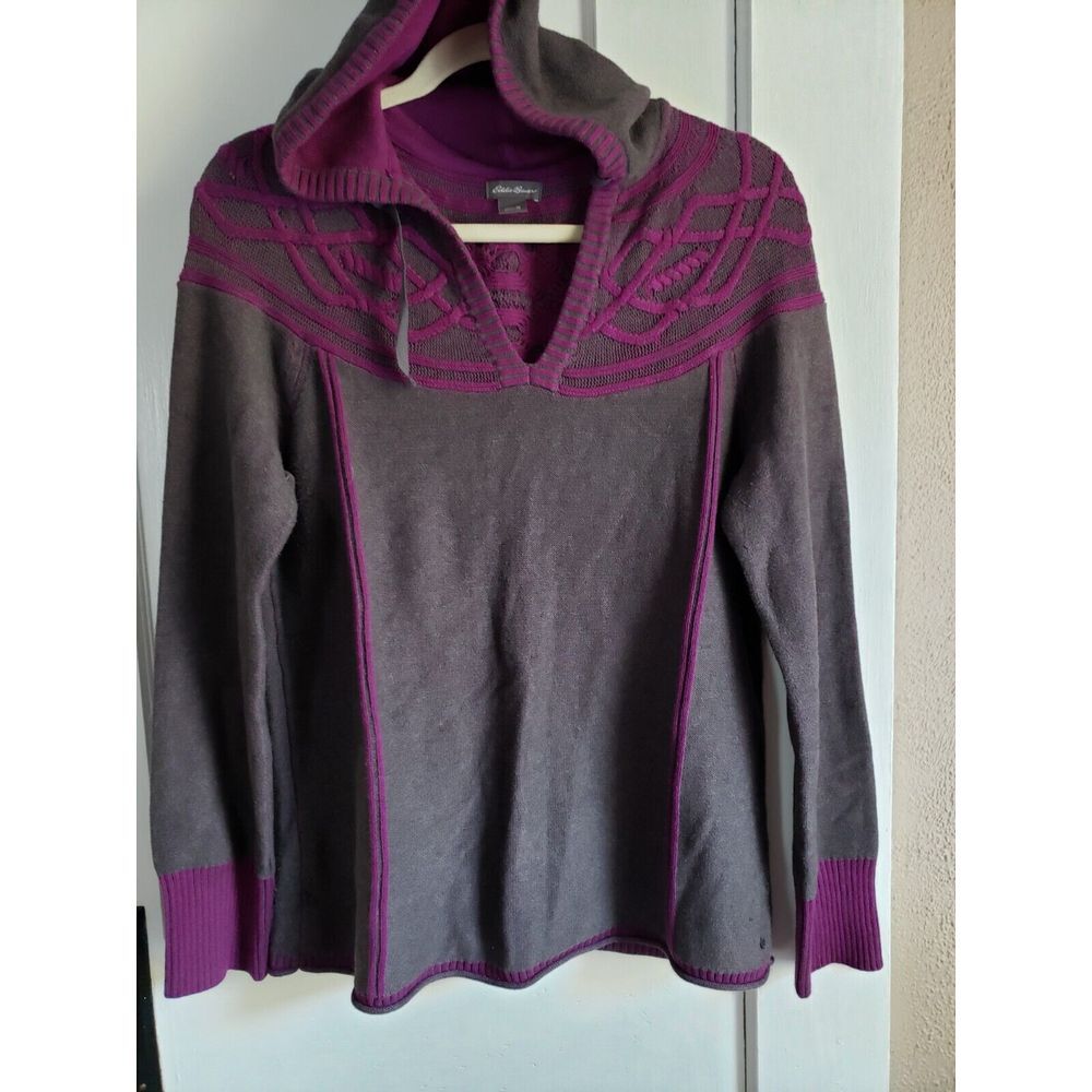 Eddie Bauer GREY Hooded‎ Sweater W\ purple Decorative Accents Pullover Women SzM